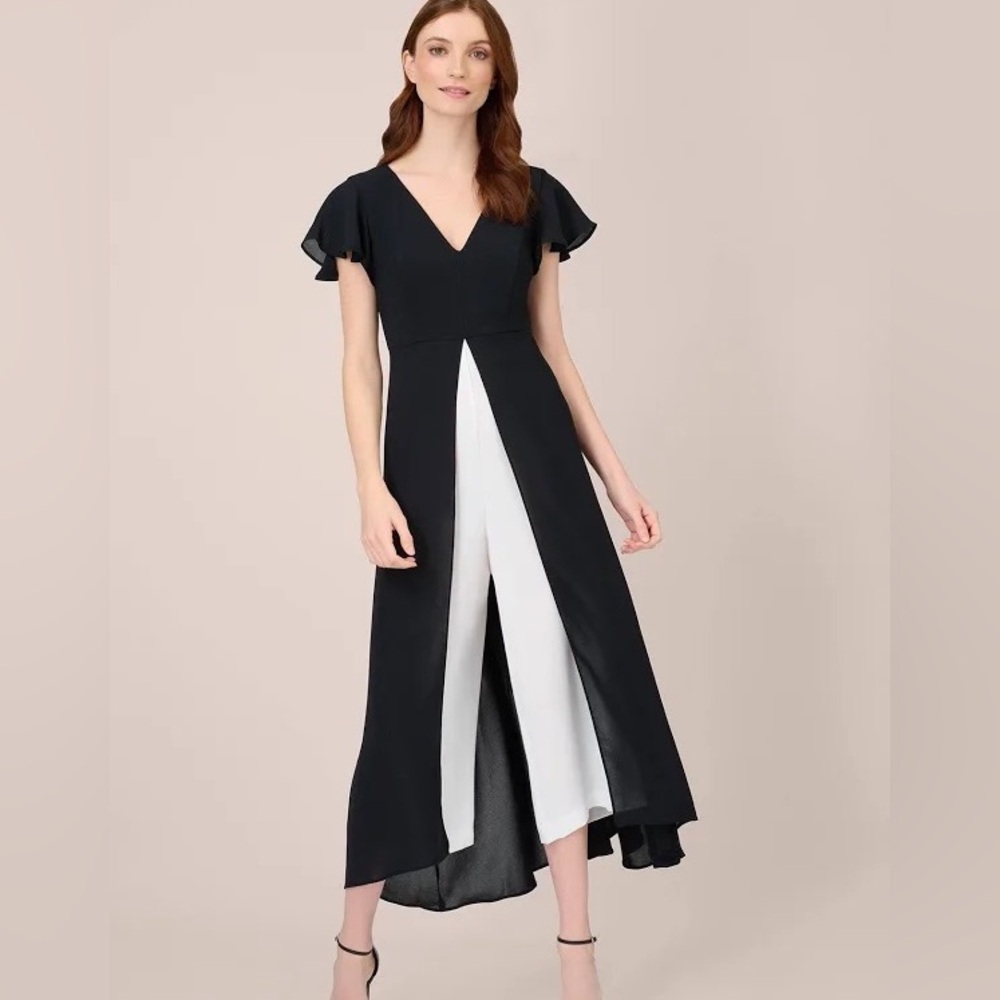 Adriana Papell  CREPE CROPPED JUMPSUIT WITH GAUZE OVERLAY IN BLACK IVORY